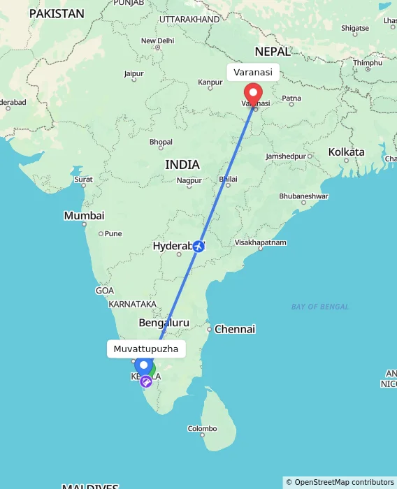 Route map showing distance and travel time from Muvattupuzha, India to Varanasi, India