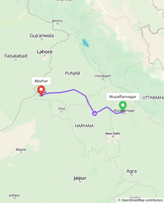 Route map showing distance and travel time from Muzaffarnagar, India to Abohar, India