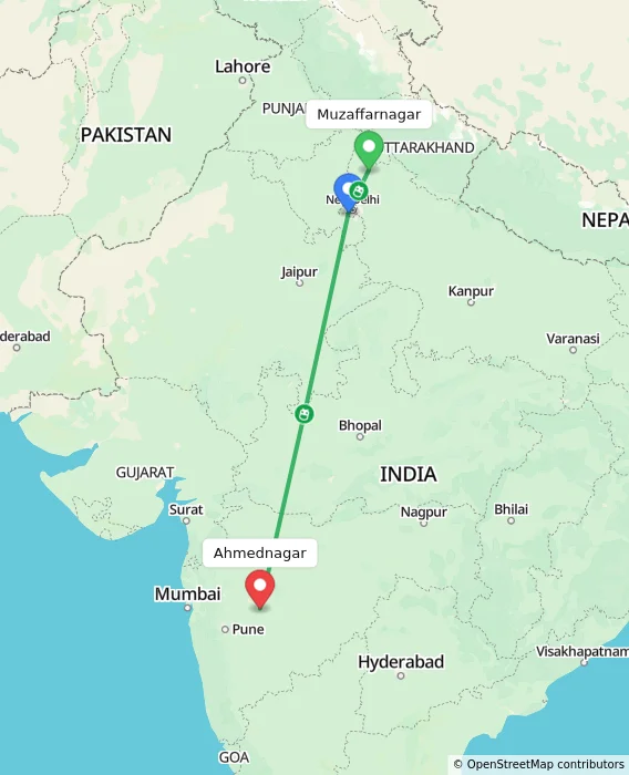 Route map showing distance and travel time from Muzaffarnagar, India to Ahmednagar, India