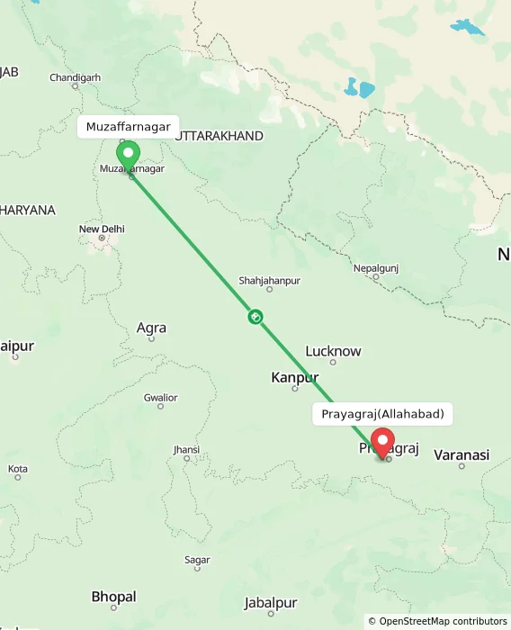 Route map showing distance and travel time from Muzaffarnagar, India to Allahabad, India