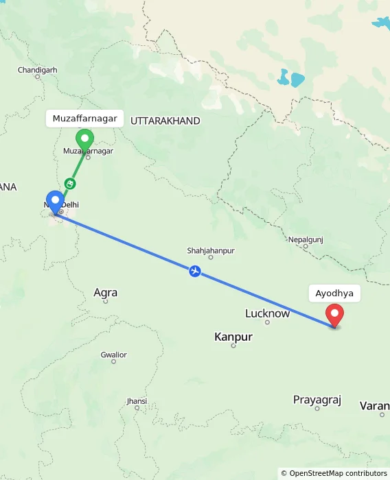 Route map showing distance and travel time from Muzaffarnagar, India to Ayodhya, India