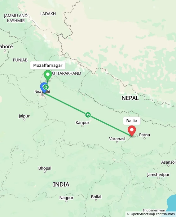 Route map showing distance and travel time from Muzaffarnagar, India to Ballia, India