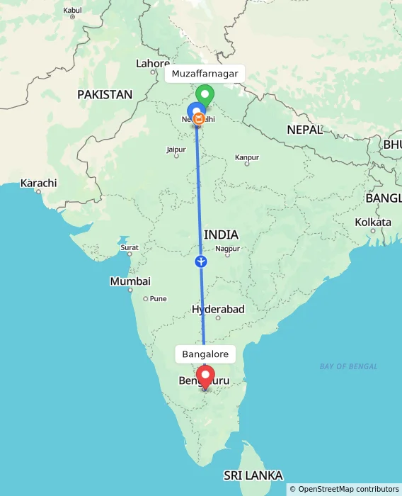 Route map showing distance and travel time from Muzaffarnagar, India to Bangalore, India