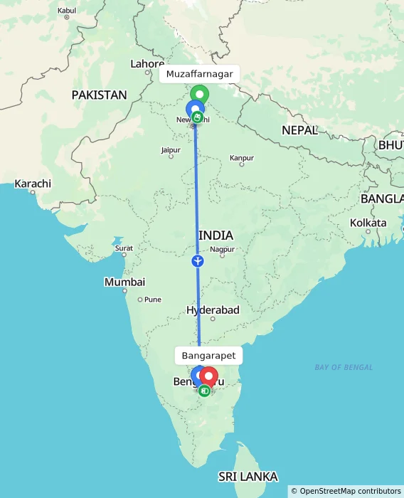 Route map showing distance and travel time from Muzaffarnagar, India to Bangarapet, India
