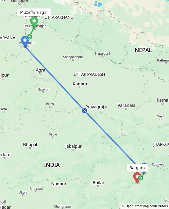 Route map showing distance and travel time from Muzaffarnagar, India to Bargarh, India