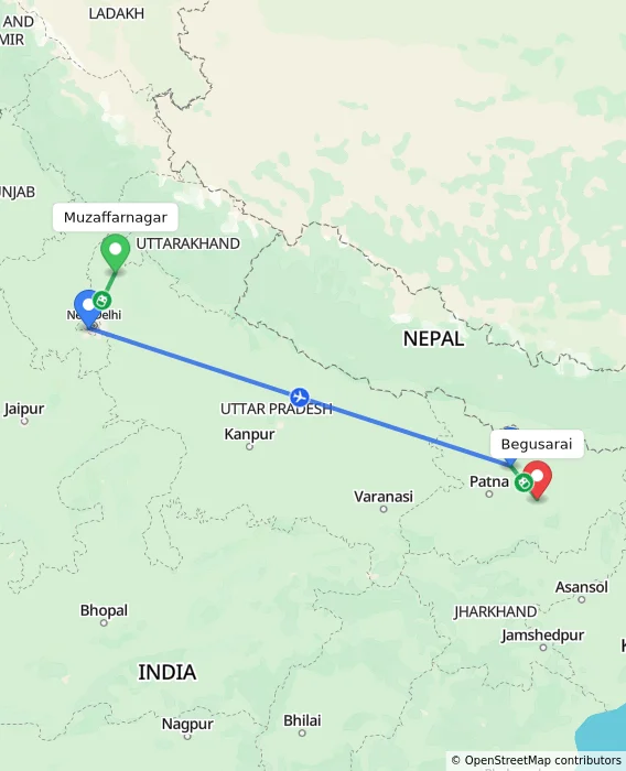 Route map showing distance and travel time from Muzaffarnagar, India to Begusarai, India