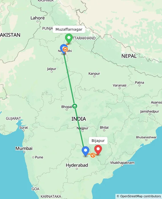 Route map showing distance and travel time from Muzaffarnagar, India to Bijapur, India
