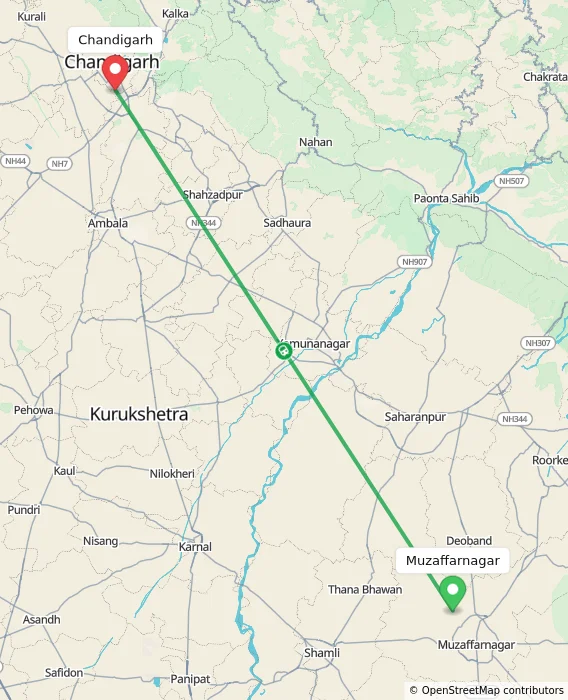 Route map showing distance and travel time from Muzaffarnagar, India to Chandigarh, India