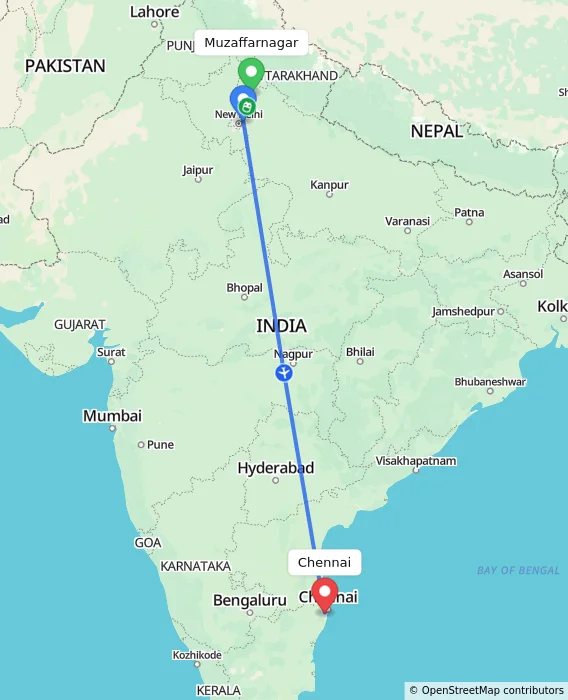 Route map showing distance and travel time from Muzaffarnagar, India to Chennai, India