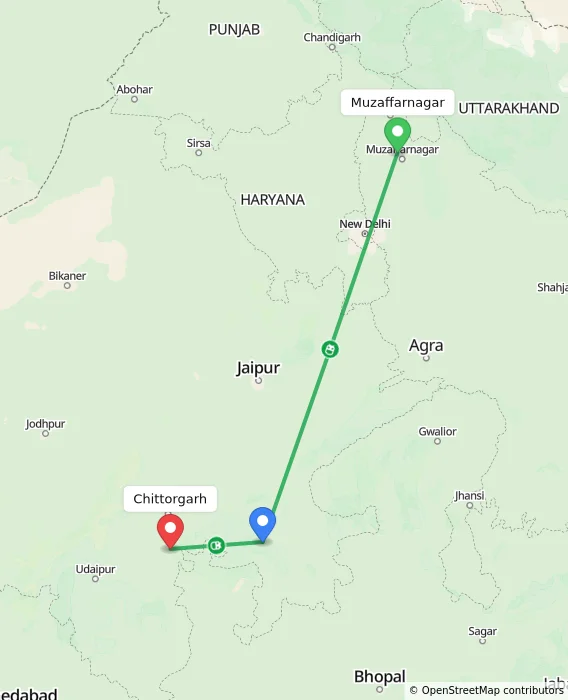 Route map showing distance and travel time from Muzaffarnagar, India to Chittorgarh, India
