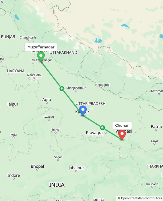 Route map showing distance and travel time from Muzaffarnagar, India to Chunar, India