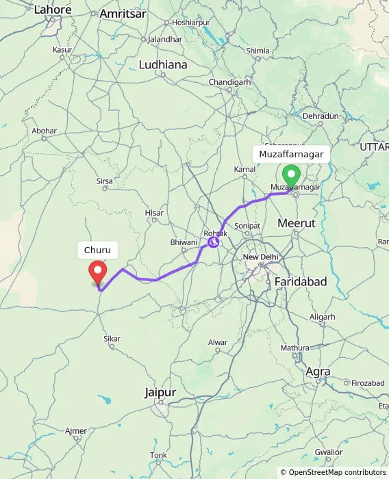 Route map showing distance and travel time from Muzaffarnagar, India to Churu, India