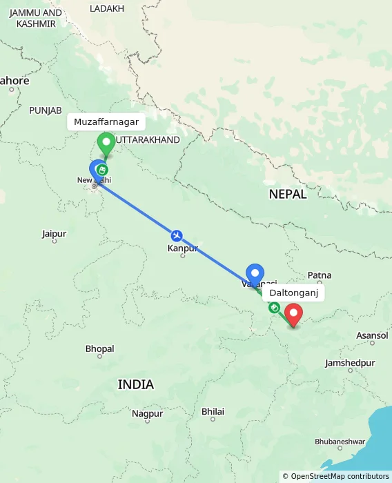 Route map showing distance and travel time from Muzaffarnagar, India to Daltonganj, India
