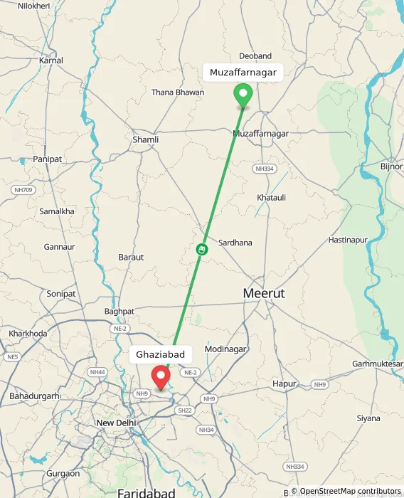 Route map showing distance and travel time from Muzaffarnagar, India to Ghaziabad, India