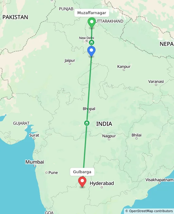 Route map showing distance and travel time from Muzaffarnagar, India to Gulbarga, India