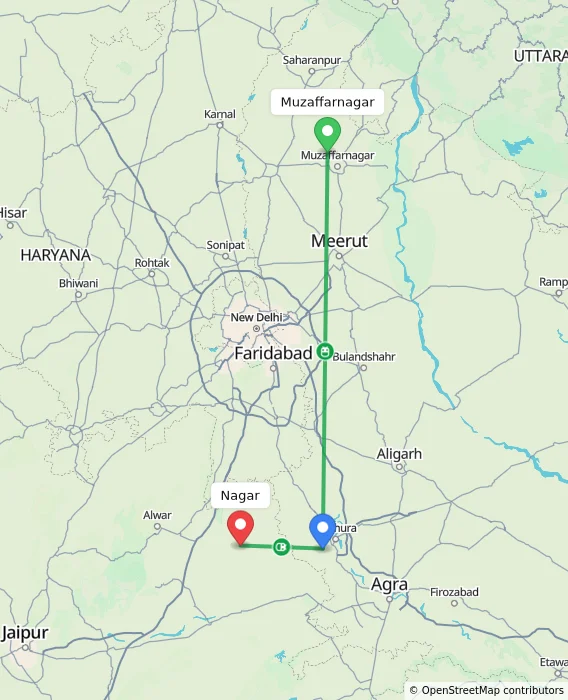 Route map showing distance and travel time from Muzaffarnagar, India to Nagar, India
