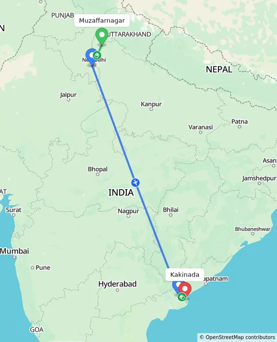 Route map showing distance and travel time from Muzaffarnagar, India to Kakinada, India