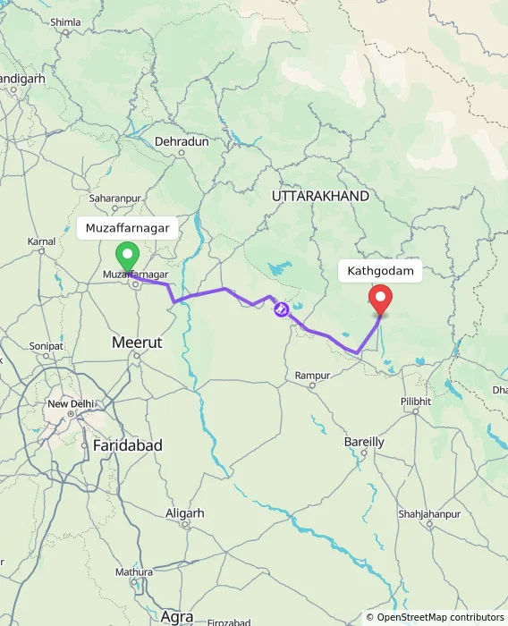 Route map showing distance and travel time from Muzaffarnagar, India to Kathgodam, India