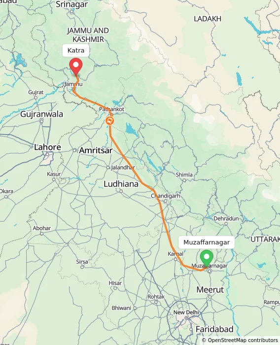 Route map showing distance and travel time from Muzaffarnagar, India to Katra, India