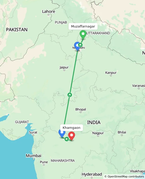 Route map showing distance and travel time from Muzaffarnagar, India to Khamgaon, India