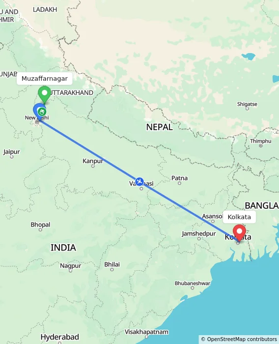 Route map showing distance and travel time from Muzaffarnagar, India to Kolkata, India