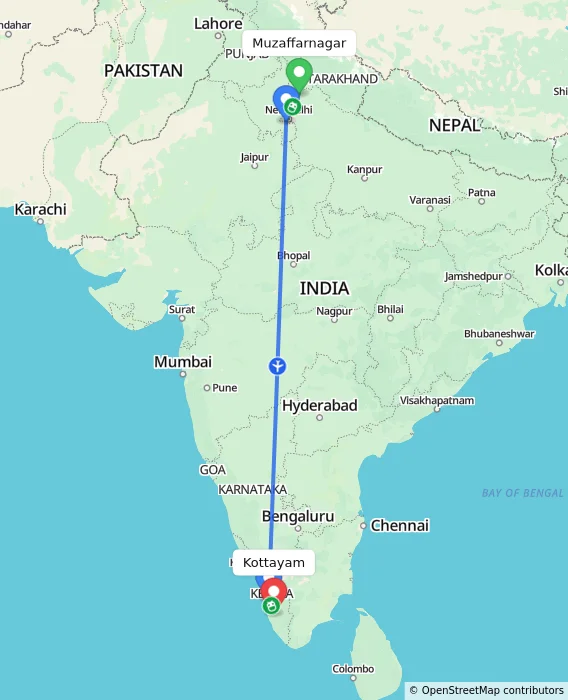 Route map showing distance and travel time from Muzaffarnagar, India to Kottayam, India