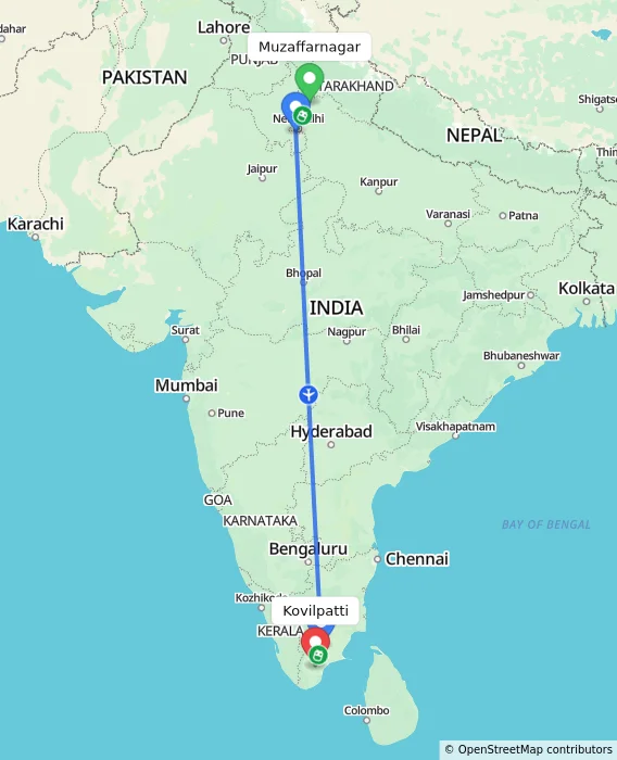 Route map showing distance and travel time from Muzaffarnagar, India to Kovilpatti, India