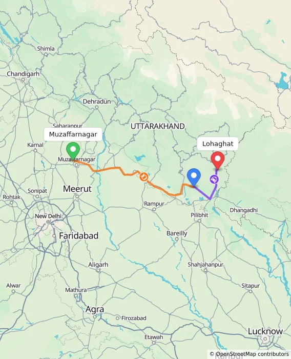 Route map showing distance and travel time from Muzaffarnagar, India to Lohaghat, India