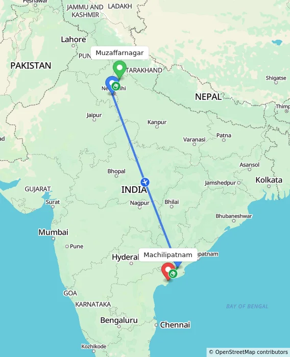 Route map showing distance and travel time from Muzaffarnagar, India to Machilipatnam, India