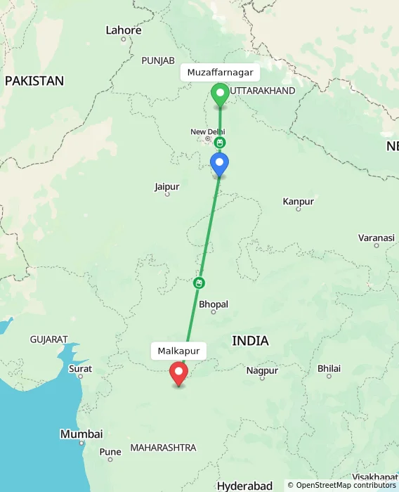 Route map showing distance and travel time from Muzaffarnagar, India to Malkapur, India