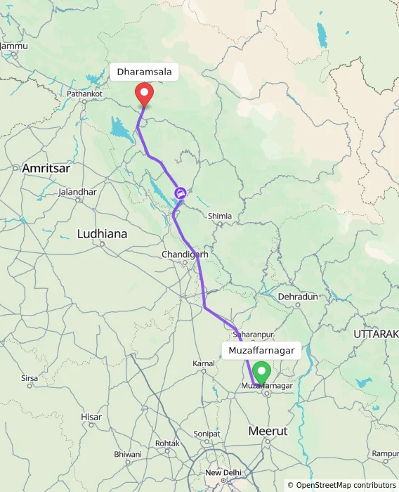 Route map showing distance and travel time from Muzaffarnagar, India to Dharamsala, India