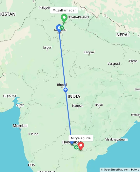 Route map showing distance and travel time from Muzaffarnagar, India to Miryalaguda, India