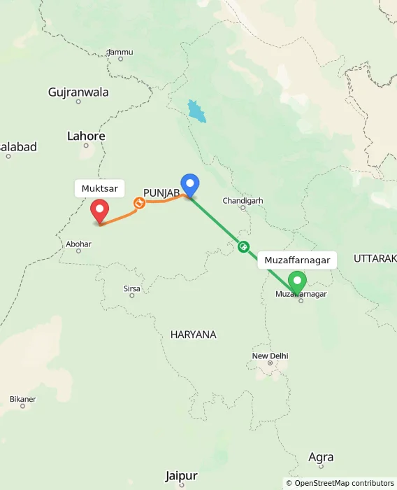 Route map showing distance and travel time from Muzaffarnagar, India to Muktsar, India