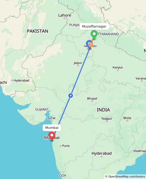 Route map showing distance and travel time from Muzaffarnagar, India to Mumbai, India