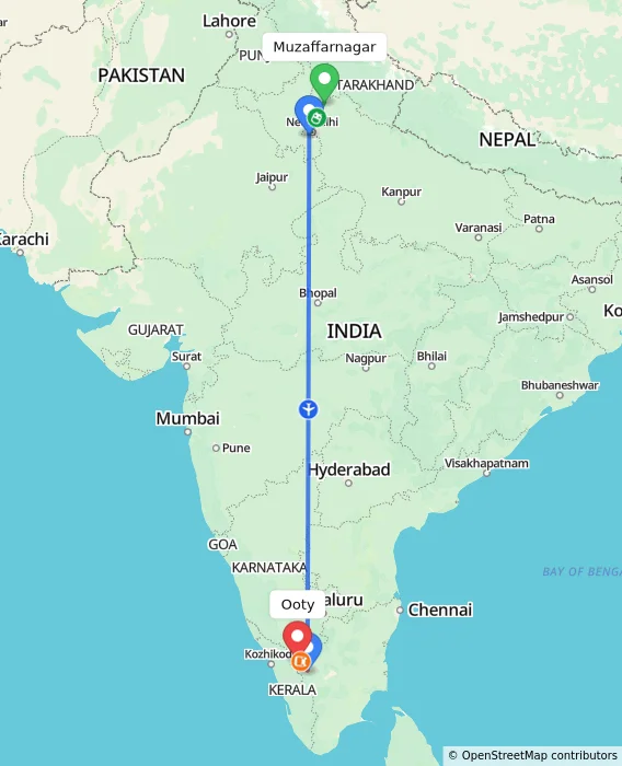 Route map showing distance and travel time from Muzaffarnagar, India to Ooty, India