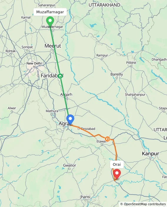 Route map showing distance and travel time from Muzaffarnagar, India to Orai, India