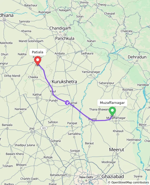 Route map showing distance and travel time from Muzaffarnagar, India to Patiala, India