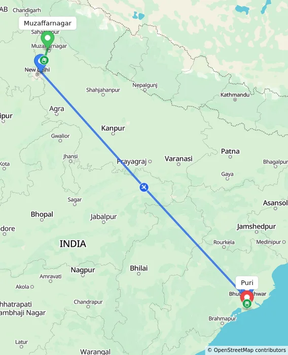 Route map showing distance and travel time from Muzaffarnagar, India to Puri, India