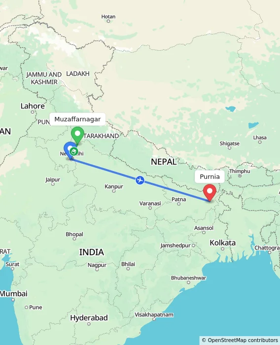 Route map showing distance and travel time from Muzaffarnagar, India to Purnia, India