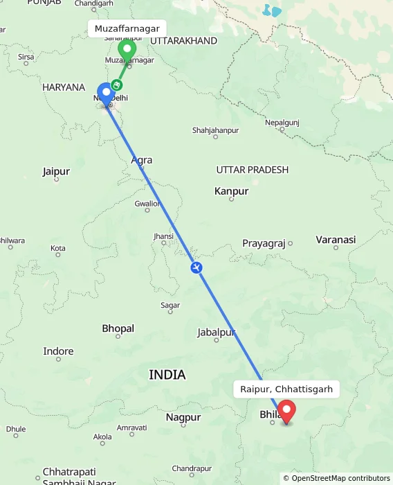 Route map showing distance and travel time from Muzaffarnagar, India to Raipur, Chhattisgarh, India