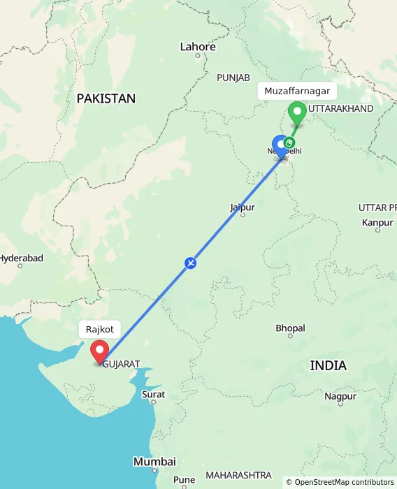 Route map showing distance and travel time from Muzaffarnagar, India to Rajkot, India