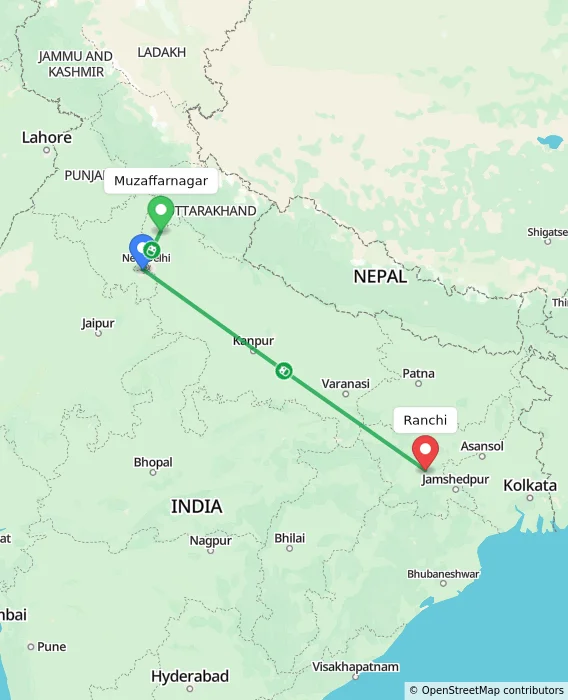 Route map showing distance and travel time from Muzaffarnagar, India to Ranchi, India