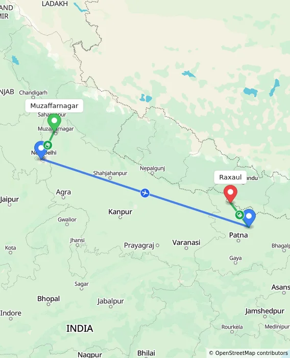 Route map showing distance and travel time from Muzaffarnagar, India to Raxaul, India