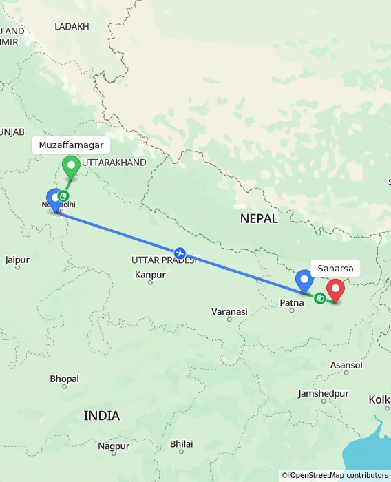Route map showing distance and travel time from Muzaffarnagar, India to Saharsa, India