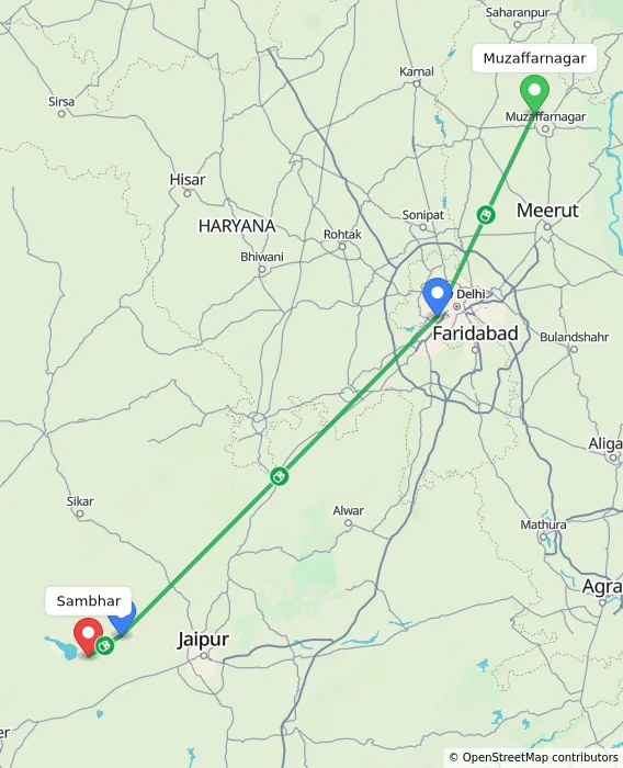 Route map showing distance and travel time from Muzaffarnagar, India to Sambhar, India