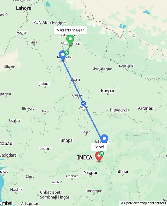 Route map showing distance and travel time from Muzaffarnagar, India to Seoni, India