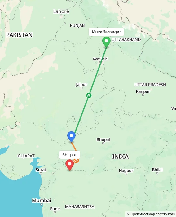 Route map showing distance and travel time from Muzaffarnagar, India to Shirpur, India