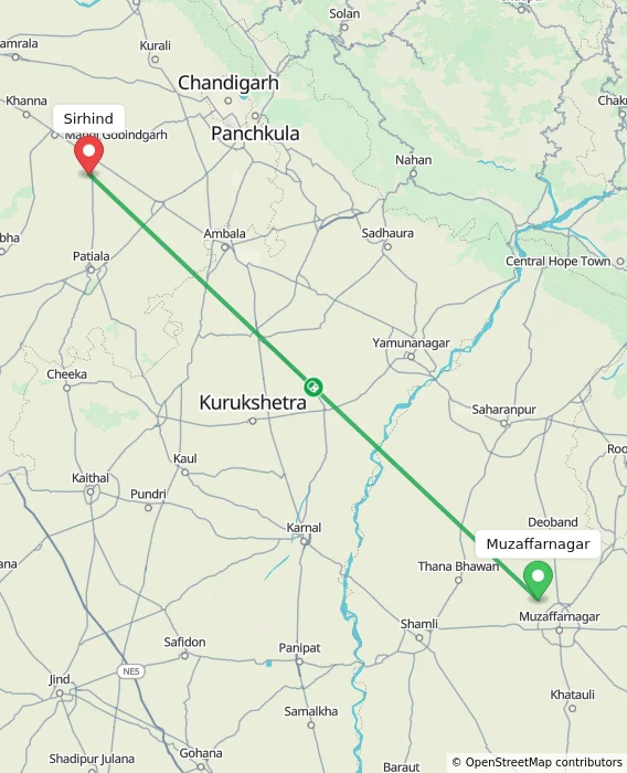 Route map showing distance and travel time from Muzaffarnagar, India to Sirhind, India