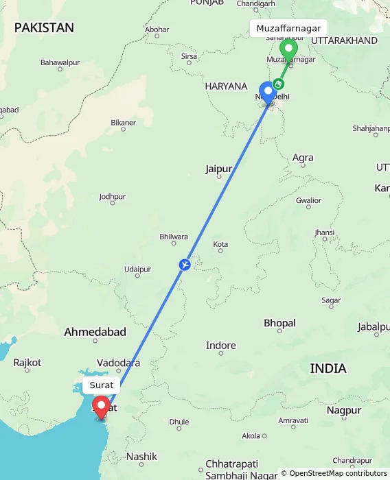 Route map showing distance and travel time from Muzaffarnagar, India to Surat, India
