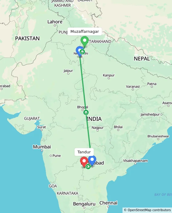 Route map showing distance and travel time from Muzaffarnagar, India to Tandur, India